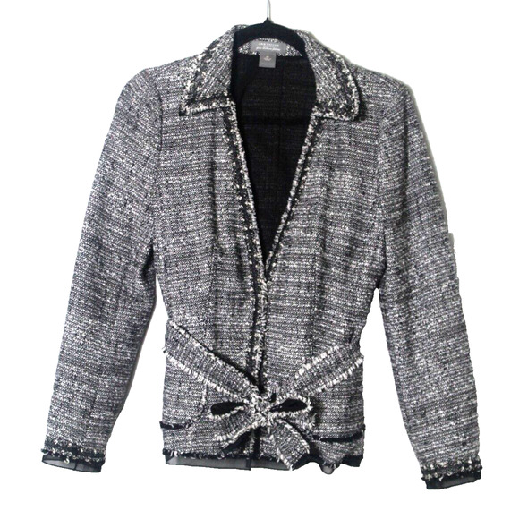 Ann Taylor Petite Tweed Jacket Blazer Size 8P Black Gray Belted Fine Italian Fab - Picture 1 of 8